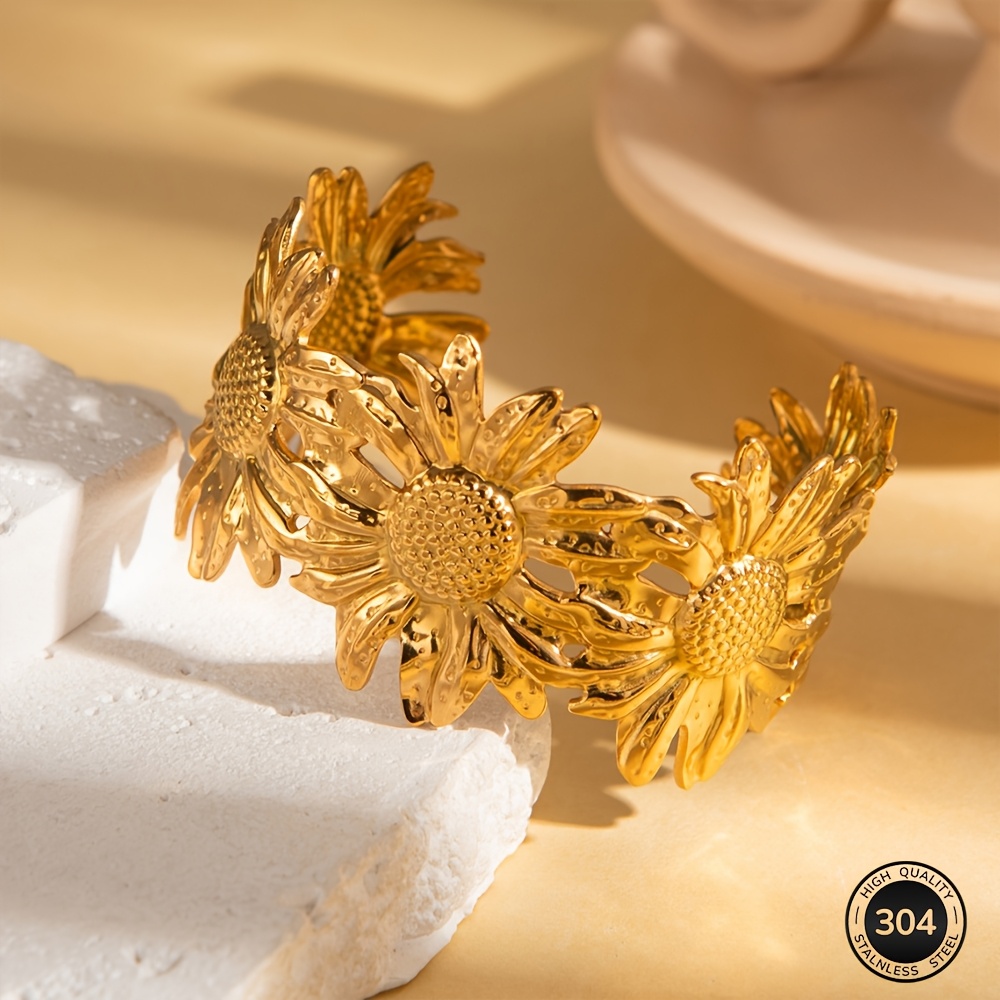 Women's Sunflower Open Bangle, 18K Gold Plated Floral Design